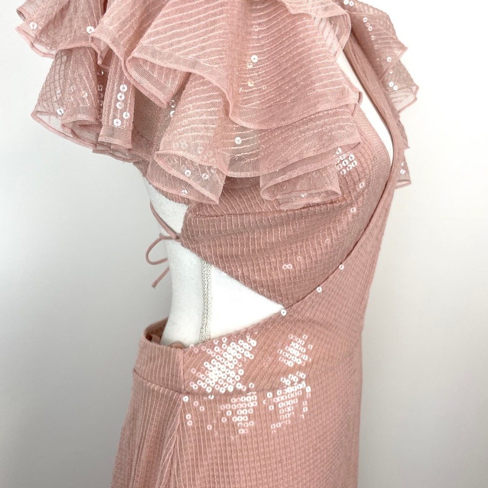Mac Duggal Sequined Ruffled Cut Out Lace Up Gown In Rose Pink 10829 Size 8 New - Picture 8 of 16